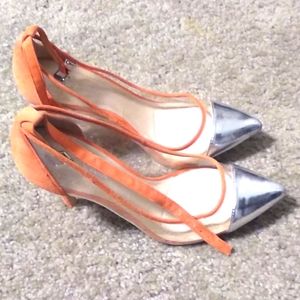 BCBG orange and chrome heels